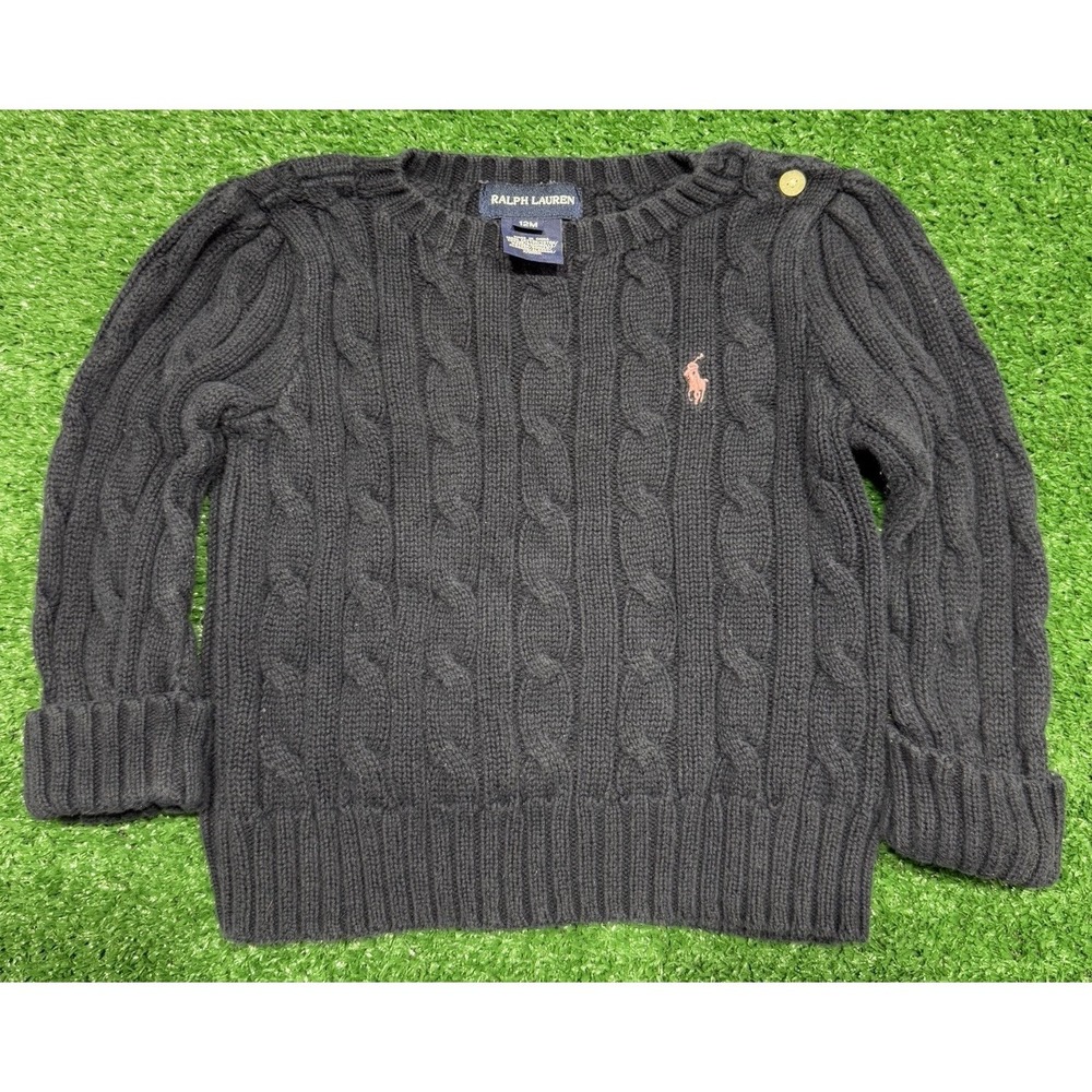 Ralph Lauren baby girl Navy Blue cable knit puff sleeve sweater 12 months cotton
